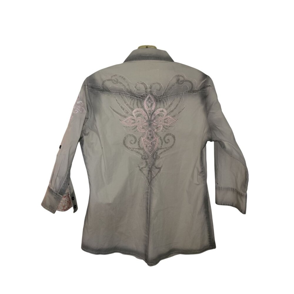 ROCKIN PASSIONATO‎ Embellished Gray Button Up Top Coastal cowgirl western luxury